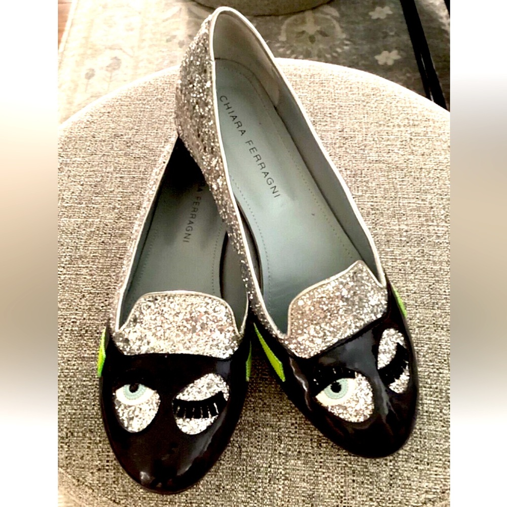 Chiara Ferragni Ballet Flats Silver Glitter Wink Eye Sz 38 US 7.5 Made in Italy